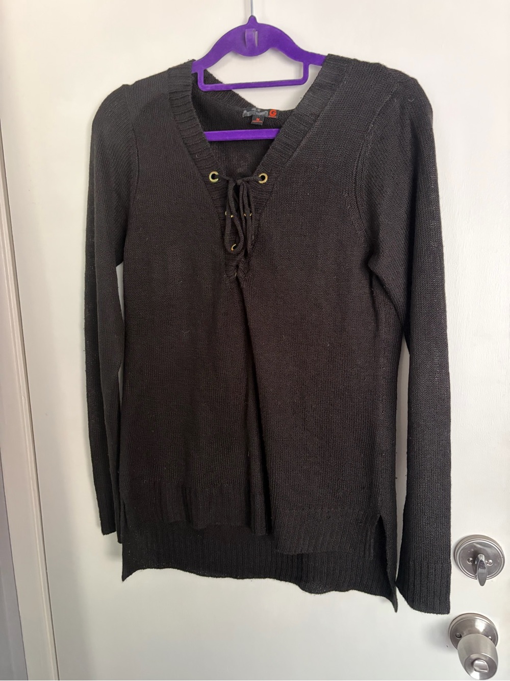 Lace-Up V-Neck Knit Sweater - Charcoal